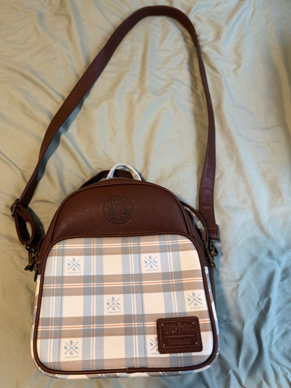 Loungefly Brown and Light Blue Plaid Crossbody convertible backpack
